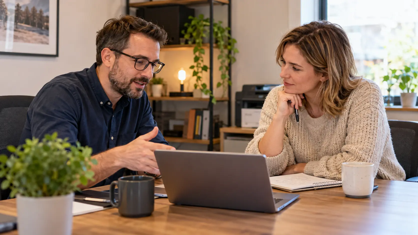Discussion avec un client autour d’un ordinateur portable