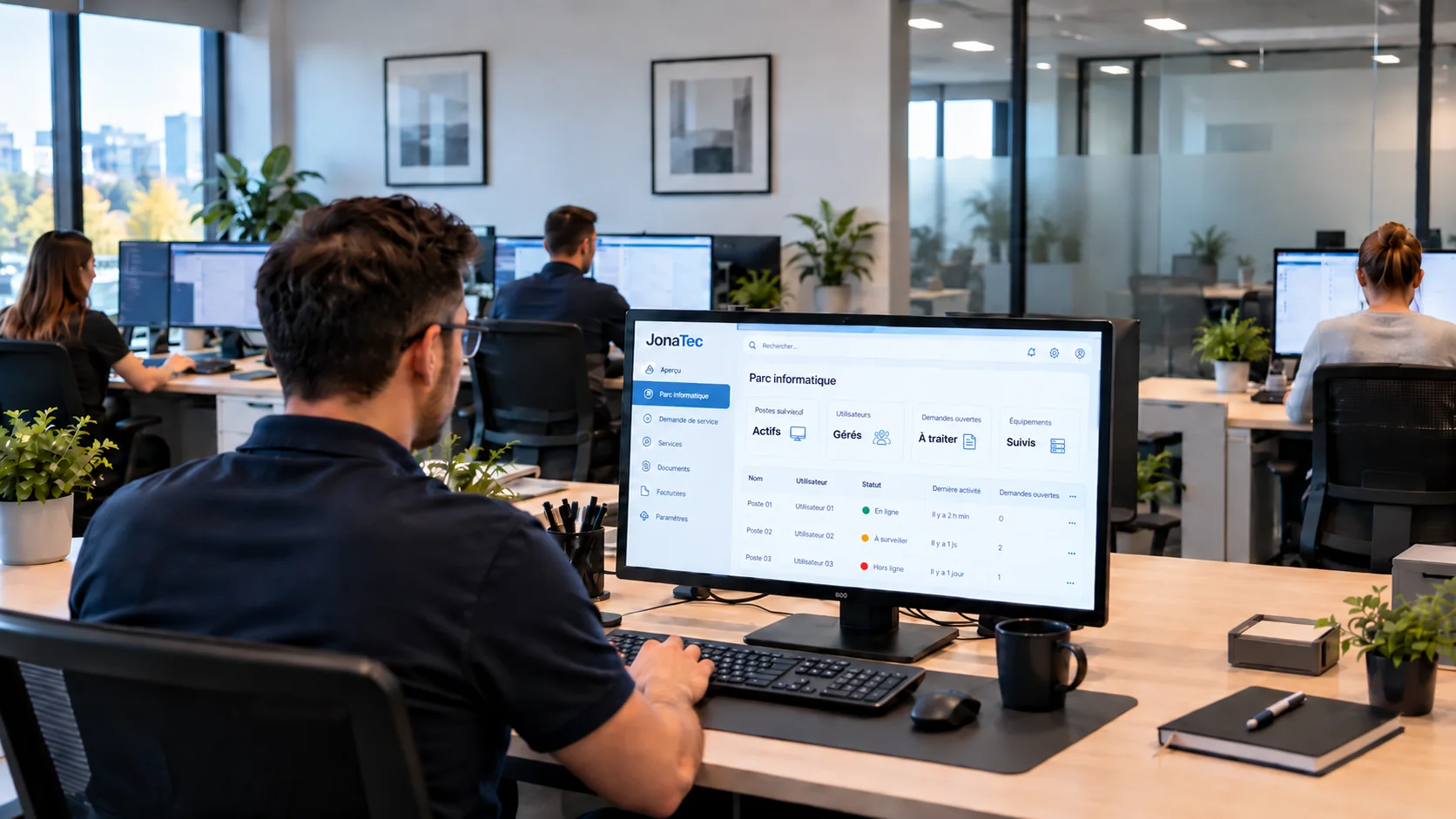 Vue d’un parc informatique d’entreprise suivi dans une interface JonaTec